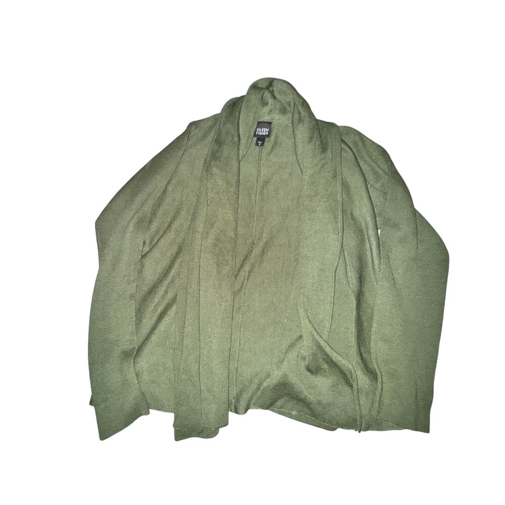 Eileen Fisher Open Front Cardigan Women's Size M Green Silk Blend Waterfall